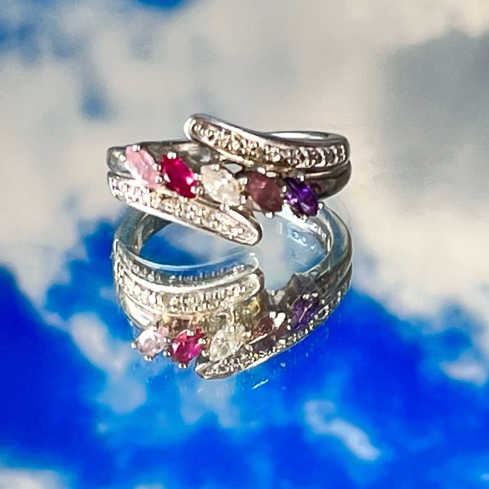 Vintage sterling silver multi gemstones and diamond accents ring, size 6.5